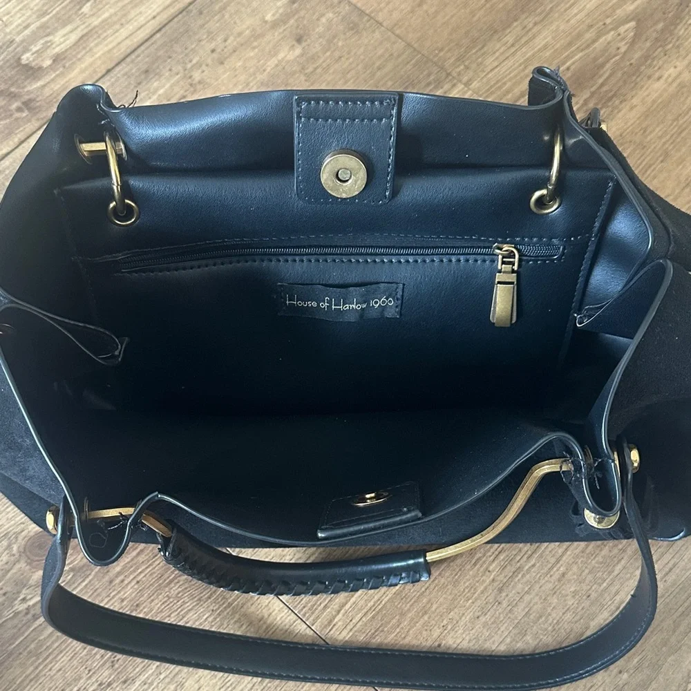 House of Harlow 1960 Black Suede Tote with Gold Hardware